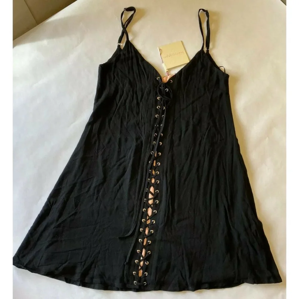 NWT The Wall Flower XS Women Dress Black Pink Lace-Up Tie V Neck - Picture 1 of 5